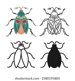 Beetle symbol cartoon set. Abstract bug linear icon. Stylized folk art insect cockroach emblem collection. Simple sign doodle or silhouette floral bug insect clipart. Vector isolated illustration