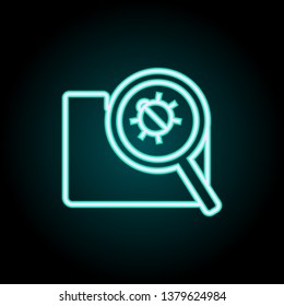 beetle under the folder magnifier neon icon. Elements of Virus, antivirus set. Simple icon for websites, web design, mobile app, info graphics