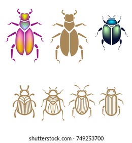 Beetle vector illustration set. Outline style gold bugs and iridescent insects.