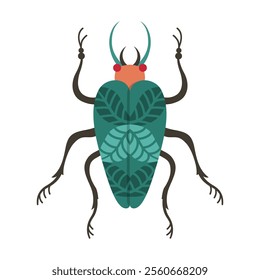 Beetle whimsical folk art insect illustration. Abstract fantasy bug with colorful patterned wings. Stylized cockroach clipart for children. Fancy funny vintage bug isolated symbol doodle vector design