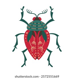 Beetle whimsical folk art insect illustration. Abstract fantasy bug with colorful patterned wings. Stylized cockroach clipart for children. Fancy funny vintage bug isolated symbol doodle vector design