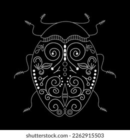 Beetle white linear illustration on black background. Botanical collection. Vector illustration