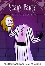 Beetlejuice in a striped suit holds his head in his hand while standing in front of a brick wall. Scary party. Halloween poster. Close-up. Cartoon style. Vertical vector illustration.