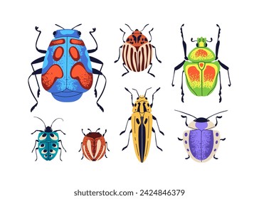 Escarabajos y bichos. Insectos de verano con alas de colores, antenas, vista superior. Naturaleza, ficción, fantasía, especies de fauna multicolor. Ilustraciones vectoriales planas de color aisladas sobre fondo blanco