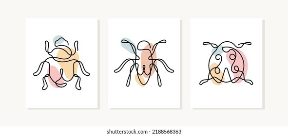 Beetles continuous line posters. Insects artistic illustrations.