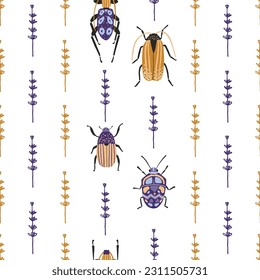 Beetles and floral elements seamless pattern