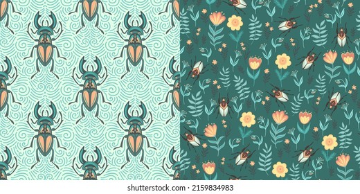 Beetles and flower background. A set of 2 seamless patterns. Summer style.