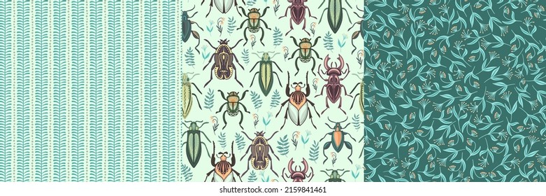 Los escarabajos y el fondo floral. Conjunto de 3 patrones impecables. Estilo de verano. Diseño para textiles, papel pintado, papel de envoltura.