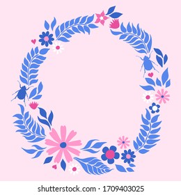 beetles and flowers, spring background, flower frame