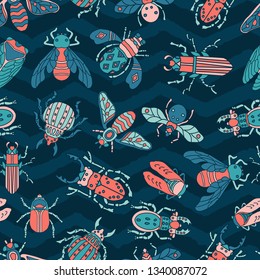 beetles, fly maryls, insects seamless pattern doodling