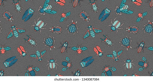 beetles, fly maryls, insects seamless pattern doodling svg