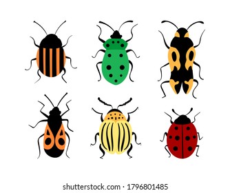 Beetles hand drawn collection. Cute decorative bugs isolated on white background. Vector illustration.