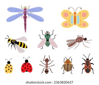 Beetles, insects and bugs set. Vector Illustration for printing, backgrounds, covers and packaging. Image can be used for greeting cards, posters, stickers and textile. Isolated on white background.