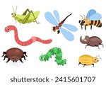 Beetles insects caterpillars worm ant spider butterfly mosquito bee isolated set. Vector flat modern style graphic design cartoon illustration