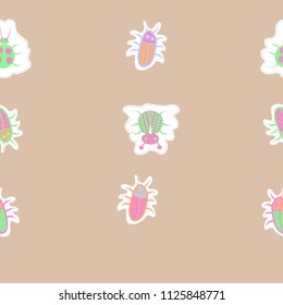 Beetles, lady bugs, dashed lines, tags seamless pattern . Hand drawn.

