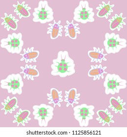 Beetles, lady bugs, dashed lines, tags pattern . Hand drawn.
