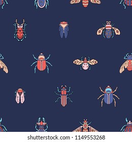 beetles, maryls, fly insects hand drawing pattern