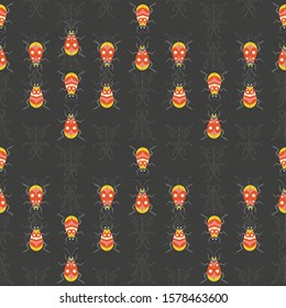 Beetles pattern with yellow and orange leaf bugs on dark background. Seamless entomology print with unusual beetles and exotic insect elements for fabric, home decor and gift wrapping paper.