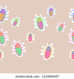 Beetles pattern,dashed lines, tags. Hand drawn.
