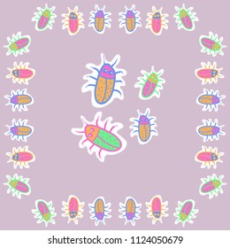Beetles pattern,dashed lines, tags. Hand drawn.