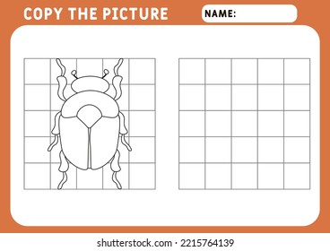 Beetles  scarab. Insect. Beetle. Educational game for children. Copy the picture. Illustration and vector outline - A4 paper, ready for printing. Preschool worksheet.