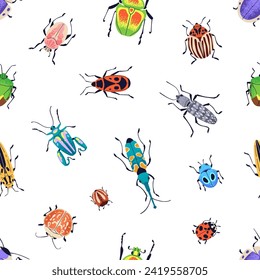 Beetles, seamless pattern design. Insects, repeating print. Summer bugs, endless background for fabric, textile, wrapping. Nature, repeatable texture for wallpaper, decor. Flat vector illustration