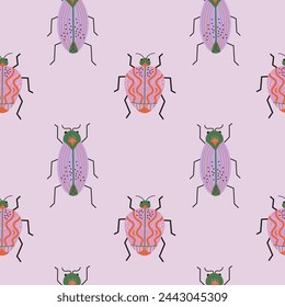 Beetles seamless pattern hand drawn flat vector illustration, fantastic bug repeating background. Decorative abstract Insect fantasy fauna species, wild life, animal. For textile, card, print, paper svg