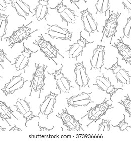 Beetles seamless pattern. Outline hand-drawn background with insects.