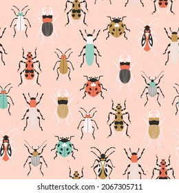 Beetles seamless pattern. Retro style bugs. Vector illustration.