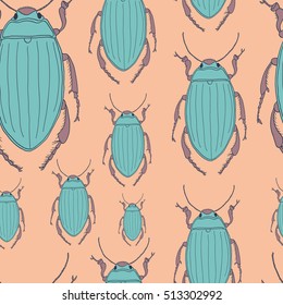 Beetles seamless pattern - vector texture or background with bugs. Hand drawn illustration for creative design. Insect collection.
