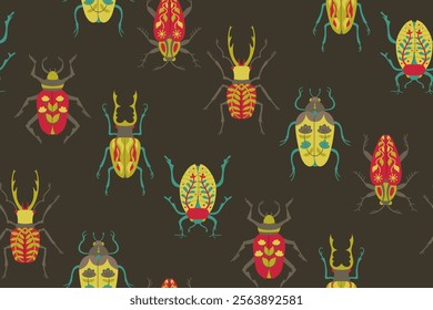 Beetles seamless pattern whimsical folk art insects. Different fantasy bugs with patterned wings boundless background. Bugs endless design for paper print, fabric textile, wrapper backdrop template