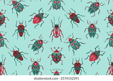 Beetles seamless pattern whimsical folk art insects. Different fantasy bugs with patterned wings boundless retro ornament. Bugs endless design for paper print fabric textile, wrapper backdrop template