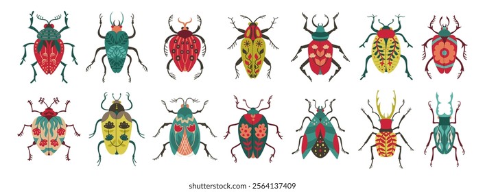 Beetles set whimsical folk art insects. Different fantasy bugs with colorful patterned wings. Stylized cockroach clipart collection for children. Fancy funny vintage bugs vector isolated illustrations