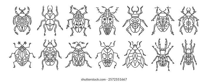 Beetles set whimsical folk doodle insects. Different fantasy bugs with outline patterned wings. Stylized cockroach collection for children. Fancy funny line vintage bugs vector isolated illustrations