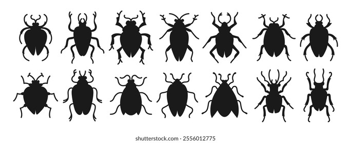 Beetles silhouette symbol set whimsical insects. Different fantasy sign shape bugs. Stylized figure cockroach icon childish collection. Fancy funny contour bugs vector isolated illustration