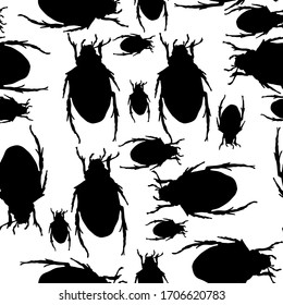 beetles silhouettes black and white illustration of insects isolated on white background seamless vector pattern for textile, wallpaper, wrapping paper .cute scary , halloween print 