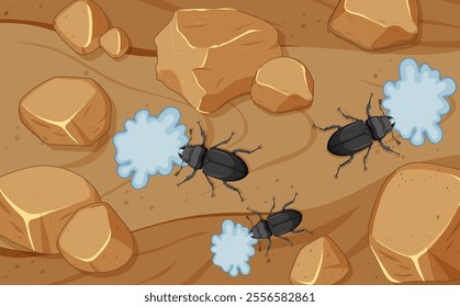 Beetles spraying mist among scattered rocks