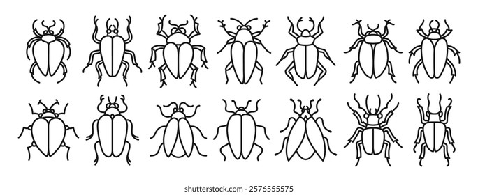 Beetles symbol set whimsical simple art insects. Different fantasy sign bugs. Stylized cockroach icon outline childish collection. Fancy funny line contour bugs vector isolated illustration