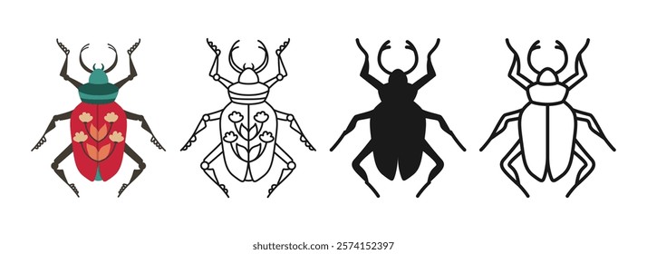 Beetles symbols cartoon set. Abstract bugs linear doodle icon. Stylized folk art insects flat hand drawn emblem collection. Sign simple shape cute funny insect clipart. Vector isolated illustration