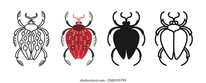 Beetles symbols cartoon set. Abstract bugs linear doodle icon. Stylized folk art insects flat hand drawn emblem collection. Sign simple cute funny silhouette insect. Vector isolated illustration