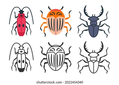 Beetles vector icons set isolated on a white background.