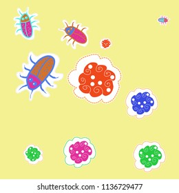 Beetles,spirals, shapes, doodles,dotted lines, labels pattern. Hand drawn.