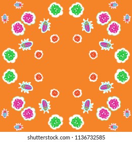Beetles,spirals, shapes, doodles,dotted lines, labels pattern. Hand drawn.
