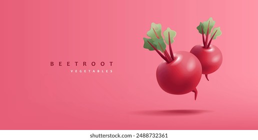 Beetroot, 3D. Modern render of red beetroot, for concepts of fresh farm produce, market, cooking, and ingredient. Vector illustration.