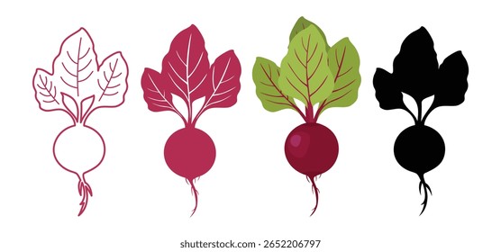 Beetroot, beet set, collection. Line silhouette, red silhouette, vegetable with leaves, black silhouette. Icons, beet plant logo. Vector illustration on white background.
