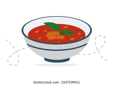 Beetroot borscht with croutons and greens, served in a ceramic bowl. Vector illustration