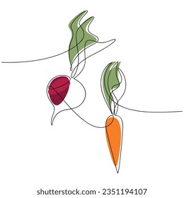 Beetroot carrot leaves vector. Line continuous hand drawn illustration. Vegetable outline icon. Garden plant. Minimal linear silhouette. Graphic design, print, banner, card, brochure, sign, doodle.