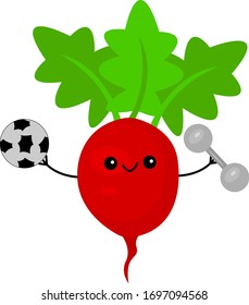 beetroot cartoon character red vegetable with a lovely smile holding a dumbbell and a soccer ball in his hands concept of healthy lifestyle and sport object on a white background
