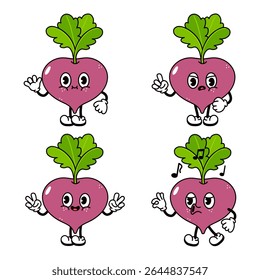 Beetroot cartoon characters expressing varied emotions, representing playful nutrition design for graphic wellness content
