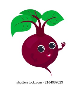 Beetroot character design. Vegetable with eyes, hands happy and smiling. Vegetable with leafy greens in cartoon style for icons or baby products or kitchen design.